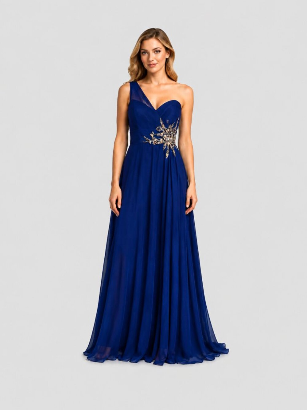 Joanna Chen New York Size 12 Royal Blue One Shoulder Beaded Formal Evening Dress